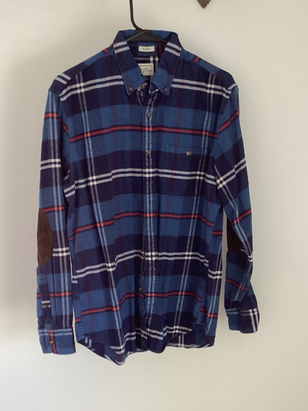 J. Crew Blue Plaid Button-Down Shirt with Brown Elbow Patches